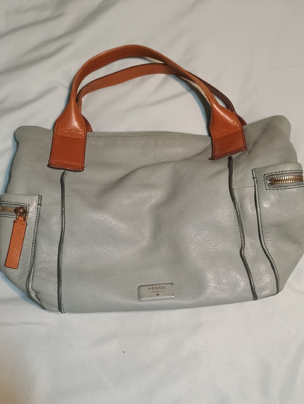lFossil Light Blue Leather Tote with Tan Handles